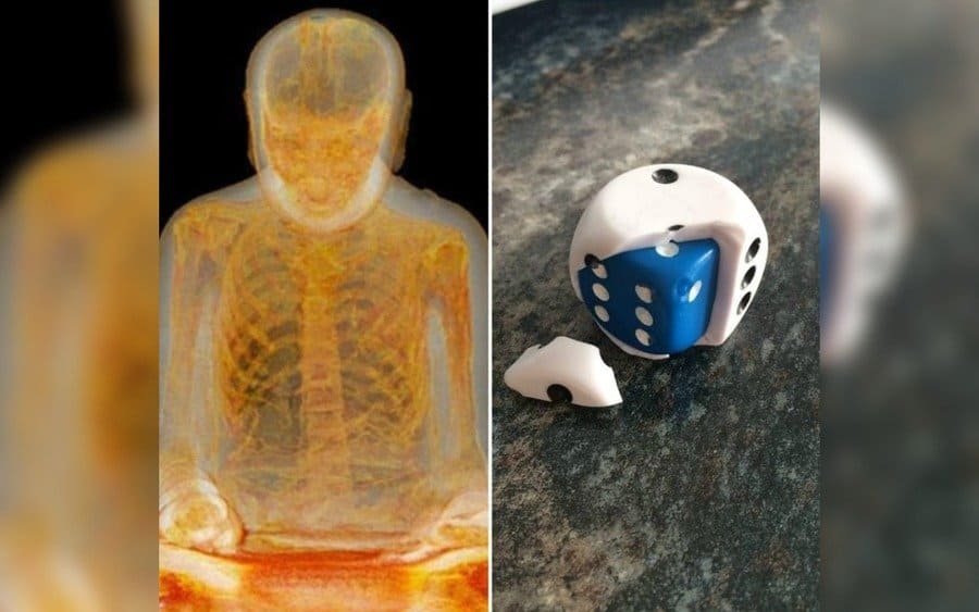 Left: An x-ray scan of a statue reveals a skeleton, Right: A broken die hides a second die inside